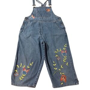 Agapo VTG Butterfly Embroidered Denim Overalls Medium Wash Wide Leg Large FAIRY